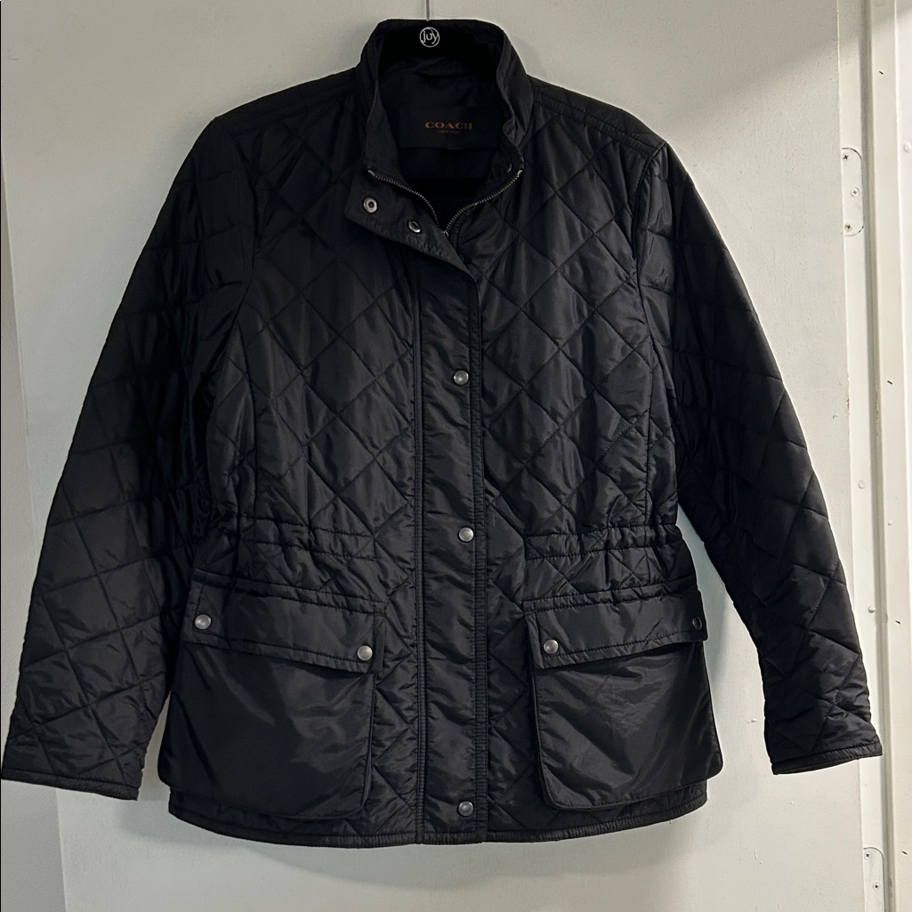 Coach Puffer Quilted Coat Womens Size L Black Cinched Waist Lightweight Jacket